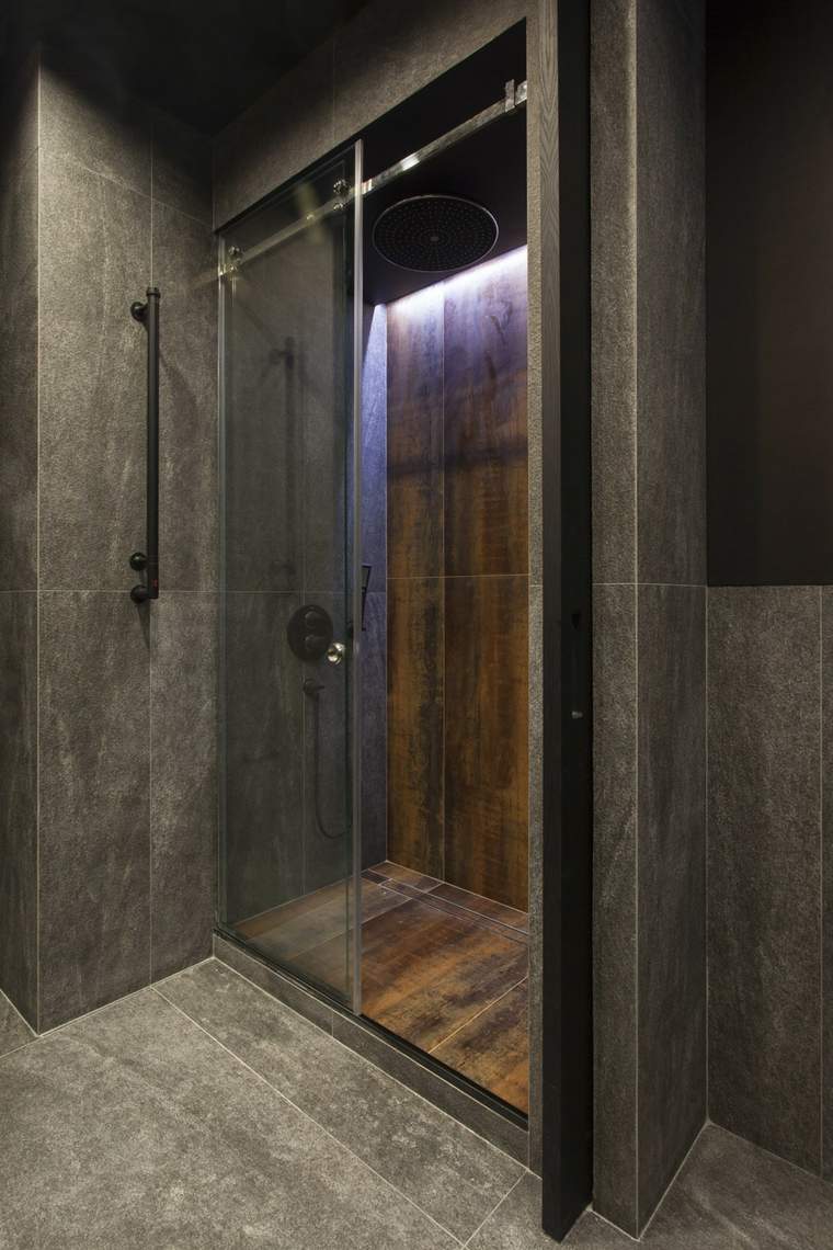 appartement contemporain design cabine de douche bois éclairage moderne carrelage gris design