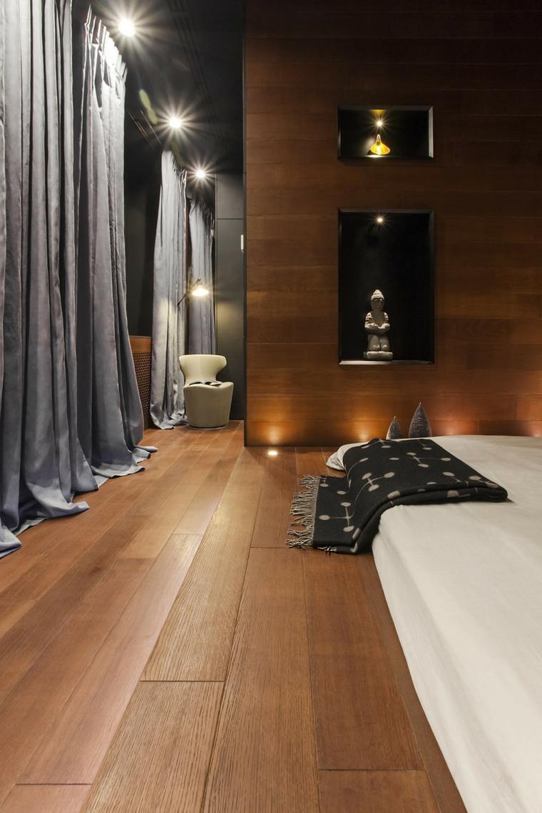 appartement contemporain parquet bois design rideaux déco chambre idées