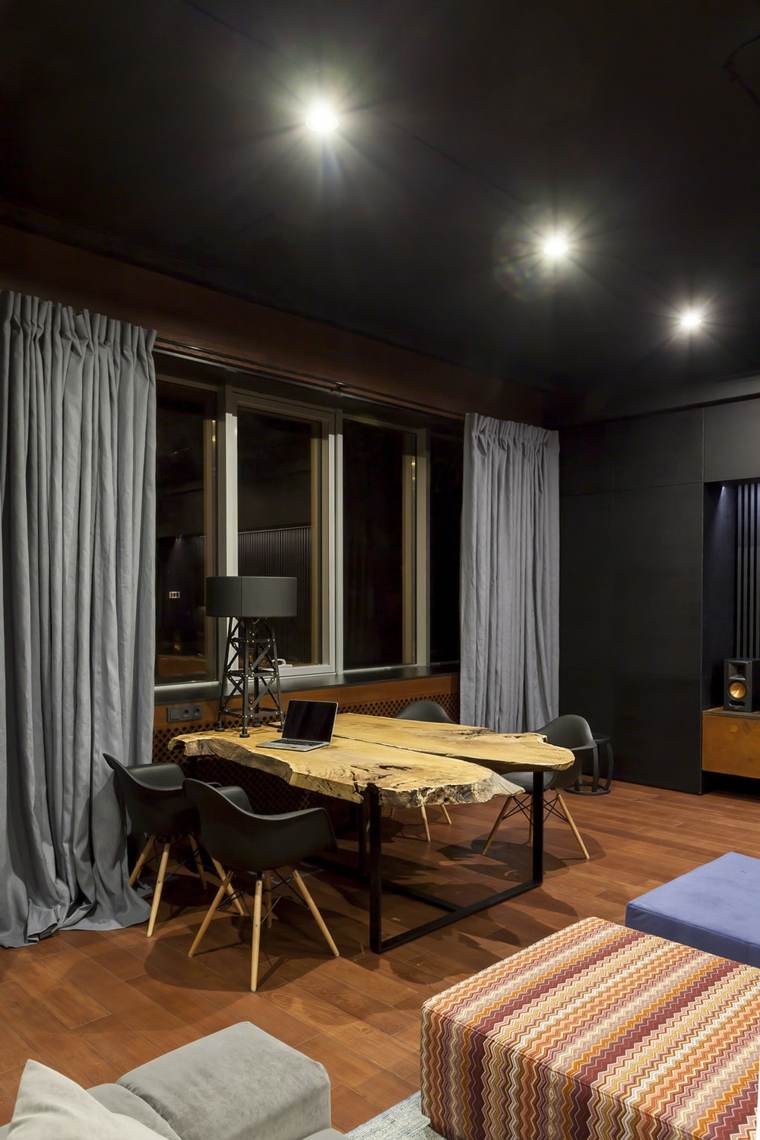 appartement moderne design aménagement table en chêne vintage design parquet bois poufs