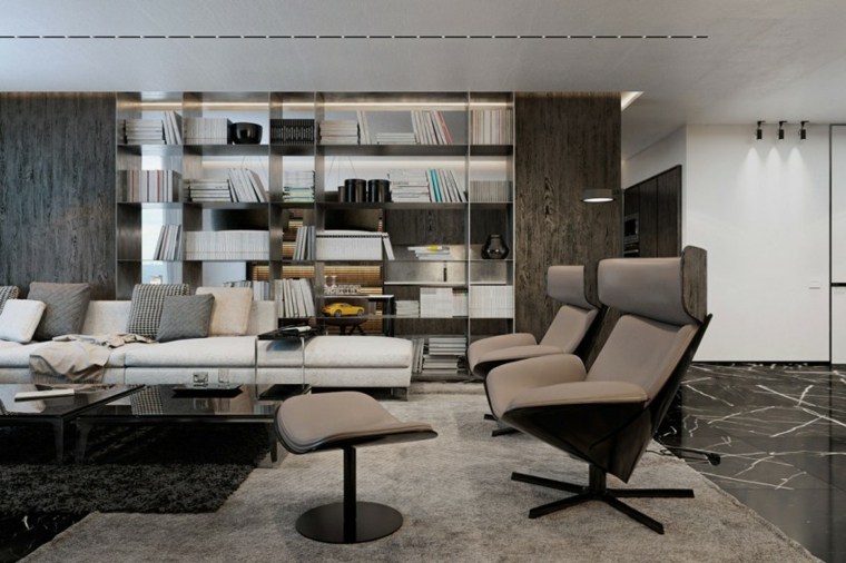 appartement luxe design salon bibliothèque idée aménagement fauteuil relaxant moderne tapis de sol gris 