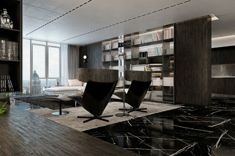 intérieur luxe design salon idée aménagement tapis de sol fauteuil relaxant bibliothèque