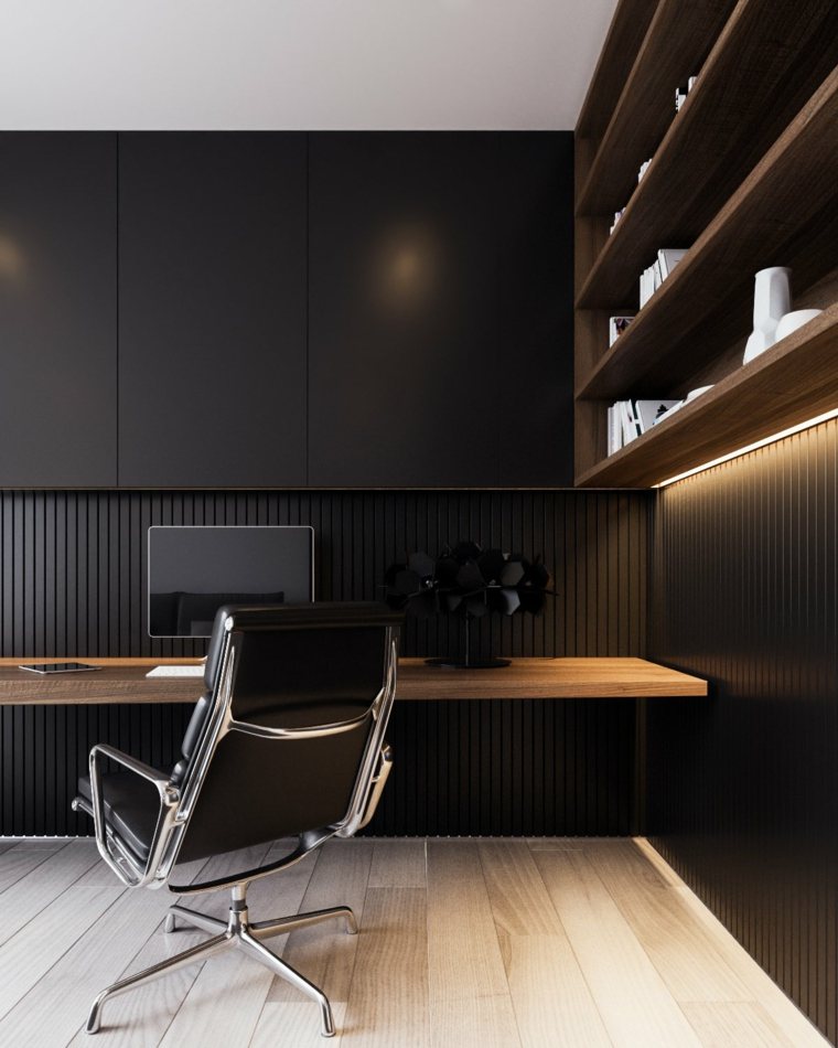 espace de travail bureau bois chaise érgonomique design étagères bois parquet bois moderne