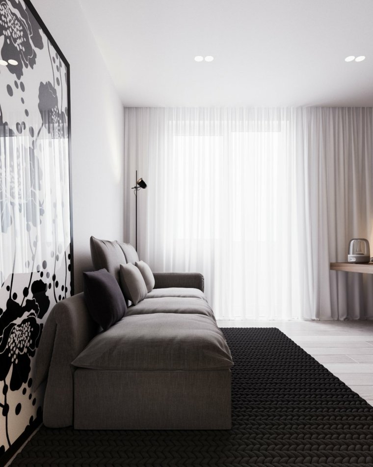 appartement design moderne salon aménagement idée déco mur cadre tapis de sol noir rideaux blancs