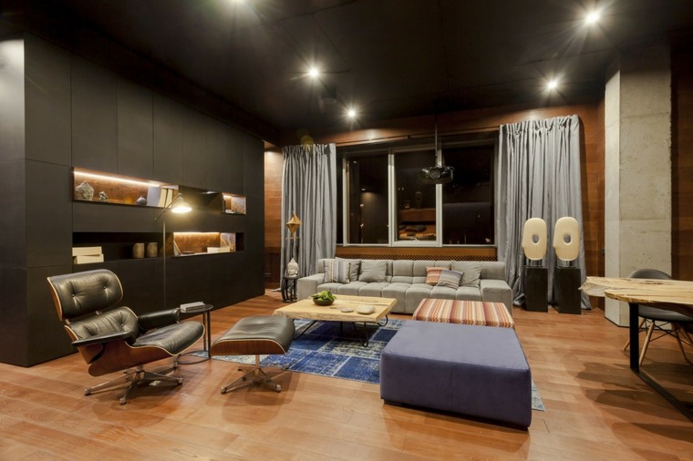 appartement contemporain design moderne salon canapé gris design faux plafond pouf bleue