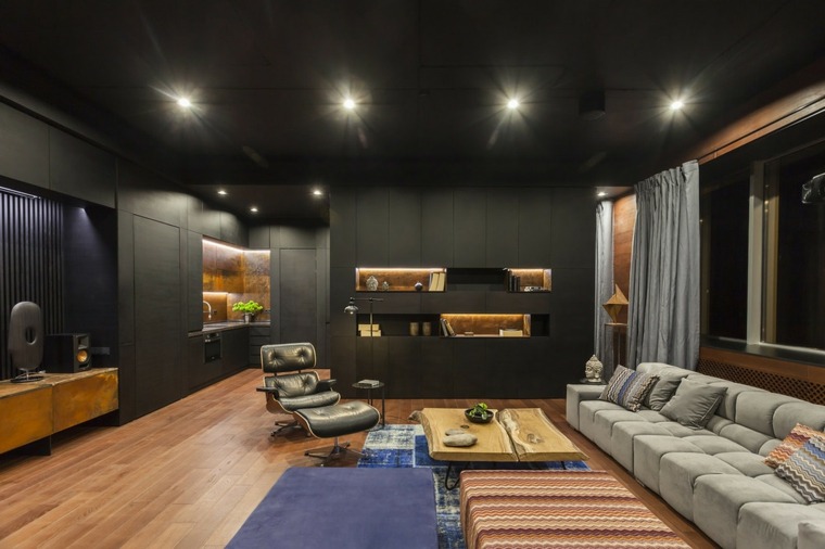 appartement contemporain salon faux plafond design moderne canapé gris 
