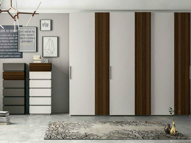 armoire design bois porte coulissante idée ameublement chambre décoration mur cadres tapis de sol 