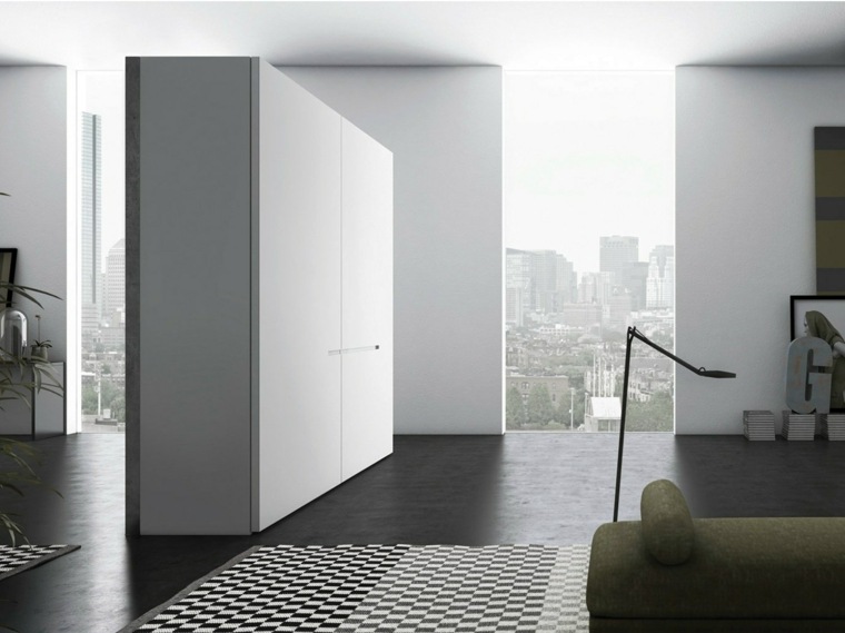armoire design bois porte coulissante moderne ameublement chambre tapis noir blanc design idée 