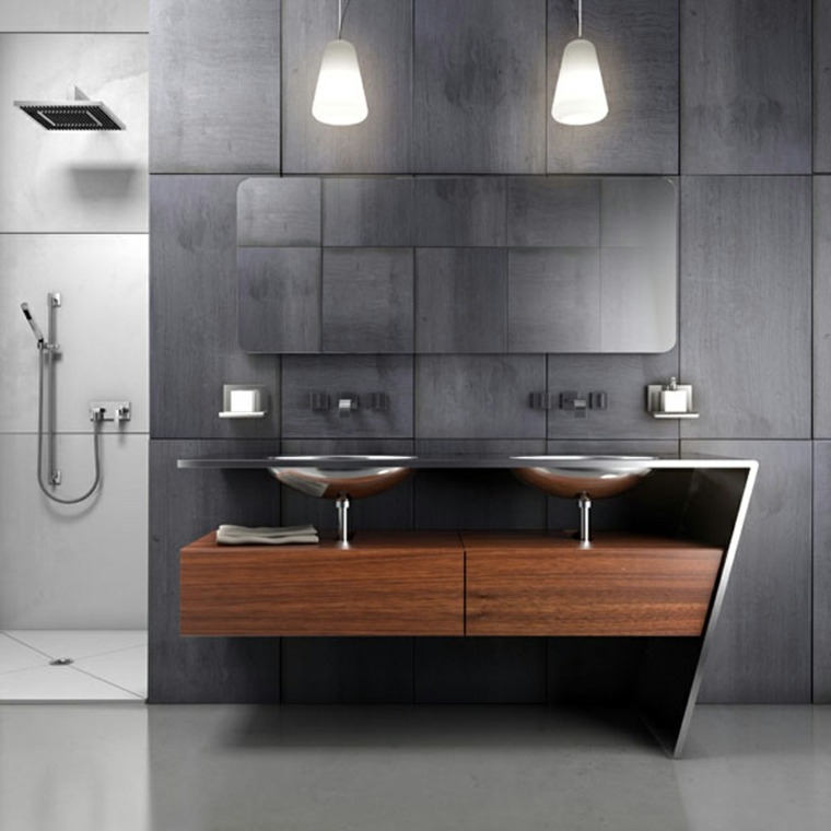 salle de bain en béton ciré idée aménagement design luminaire suspension moderne mobilier bois
