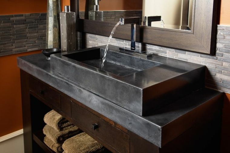 salle de bain béton idée évier comptoir gris design tiroirs bois 