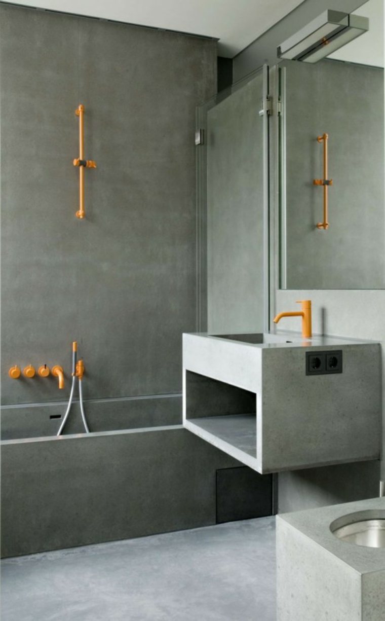 salle de bain en béton ciré design baignoire béton idée évier moderne
