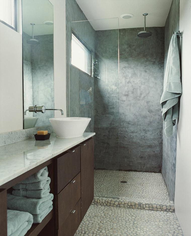 salle de bain en béton ciré douche italienne mobilier bois tiroirs évier idée surface marbre