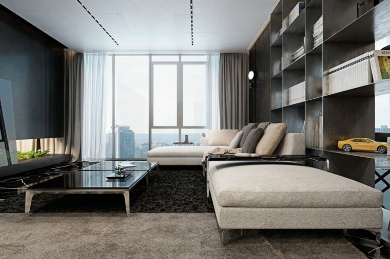 appartement de luxe design moderne canapé d'angle tapis de sol gris nois déco bibliothèque