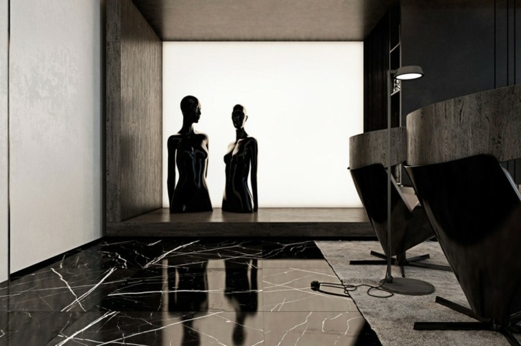 appartement de luxe design moderne carrelage noir déco fauteuils