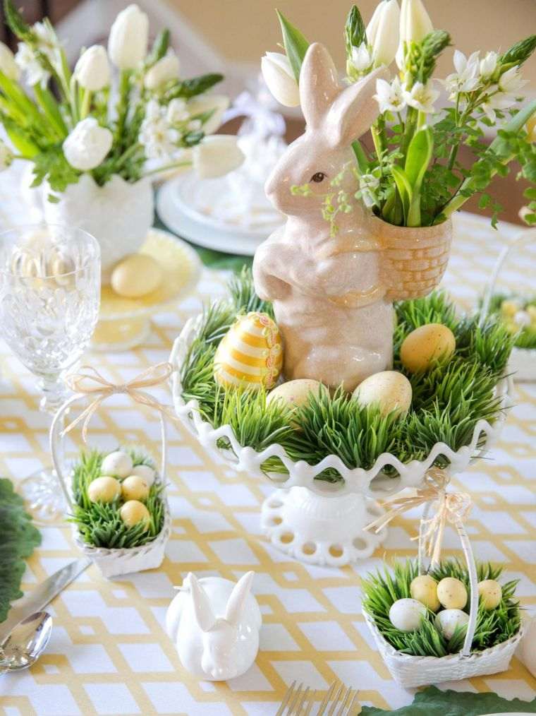 décoration de table Pâques lapin et oeufs