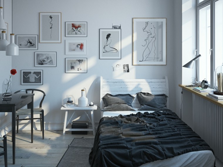 intérieur style scandinave chambre à coucher lit cadre déco mur table blanche