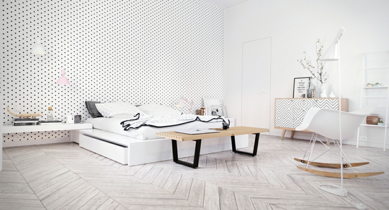 intérieur scandinave papier peint design luminaire blanc lit banc bois