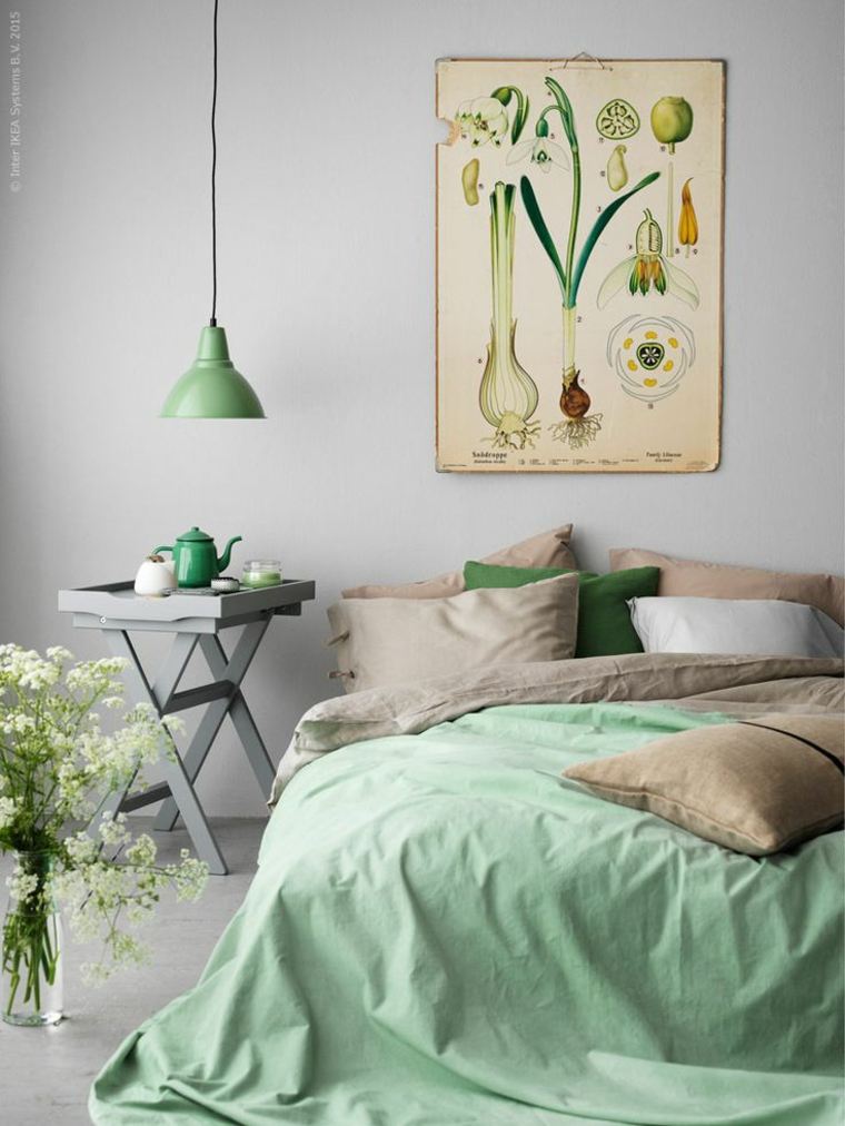 chambre à coucher draps verts idée luminaire suspension bouquet fleurs 