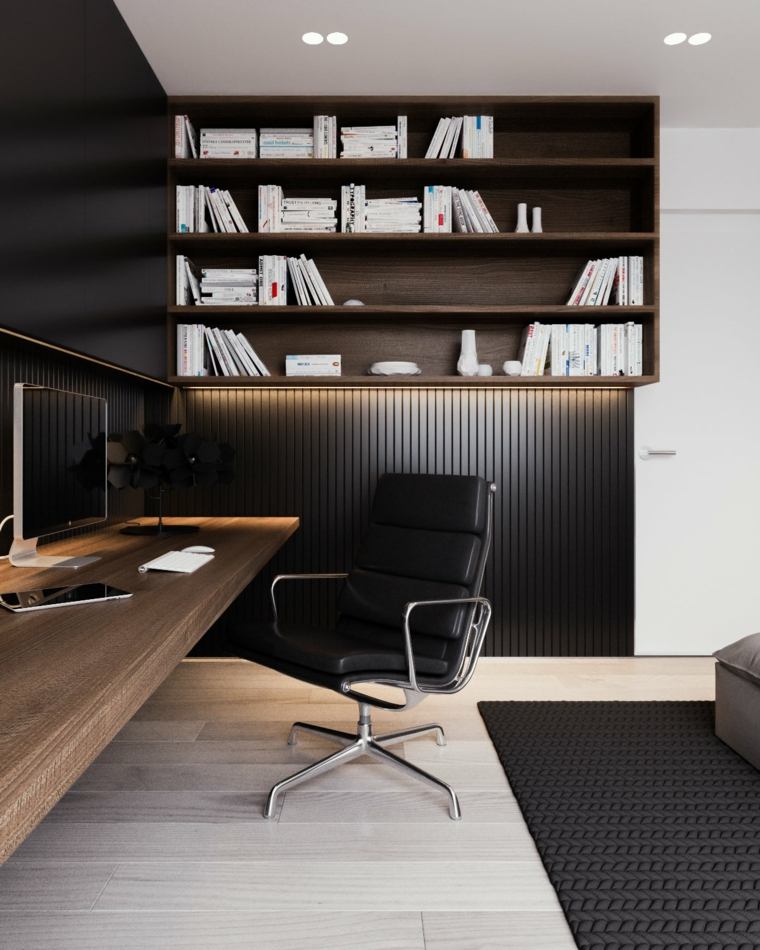 espace travail design bibliothèque bois moderne chaise érgonomique tapis de sol noir