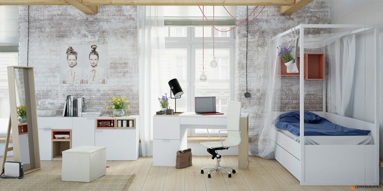 intérieurs scandinaves chambre mur briques luminaire suspension design tableau blanc chaise 