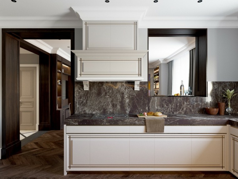 cuisine marbre comptoir meuble bois blanc design parquet bois