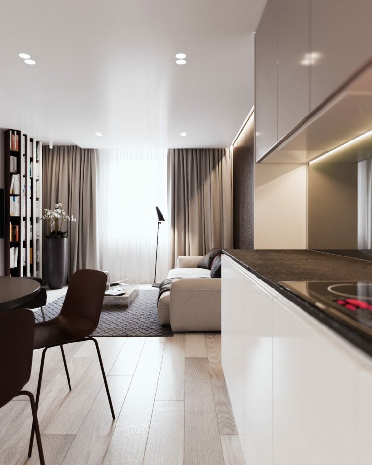 espace ouvert design lumineux moderne rideaux salon cuisine chaise salle à manger