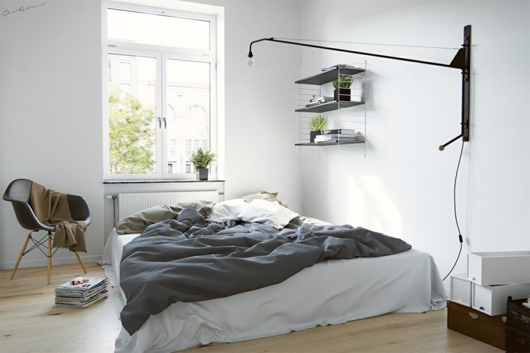 chqmbre à coucher design scandinave moderne lit coussins lit chaise étagère