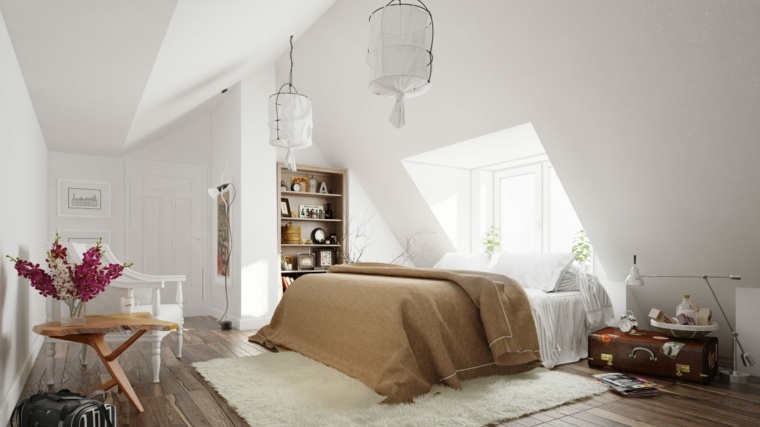 intérieur moderne tendance aménagement lit chaise table bois tapis de sol blanc