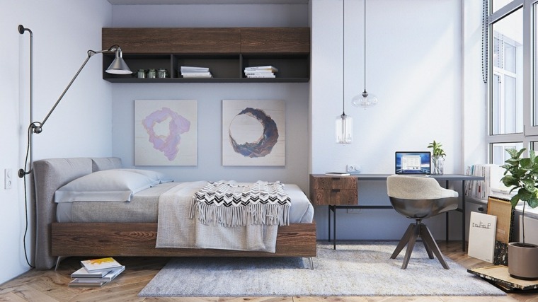 intérieur moderne petite chambre lit bois étagère