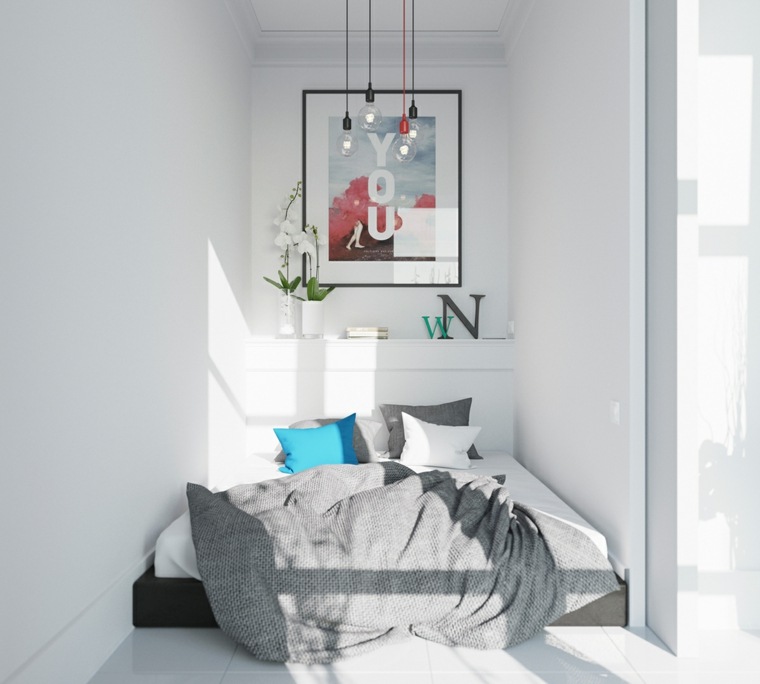 chambre petite appartement aménagement déco mur luminaire suspension coussins