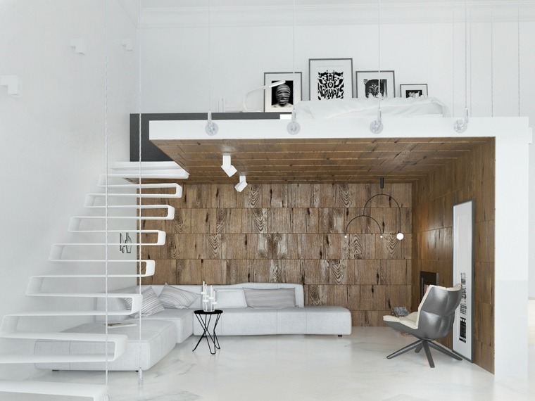 lit loft idée bois mezzanine aménagement canapé blanc coussins
