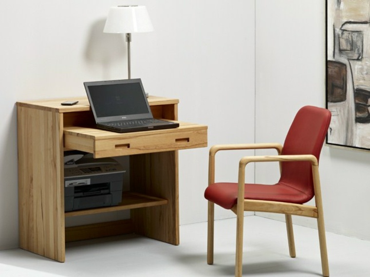 ordinateur meuble bois idée chaise rouge design lampe à pied bureau à domicile aménagement 