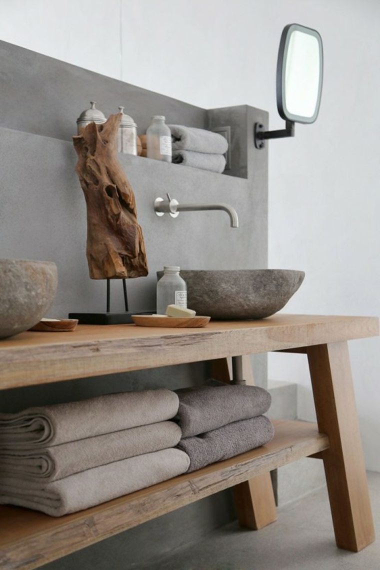 salle de bain béton ciré idée meuble bois design