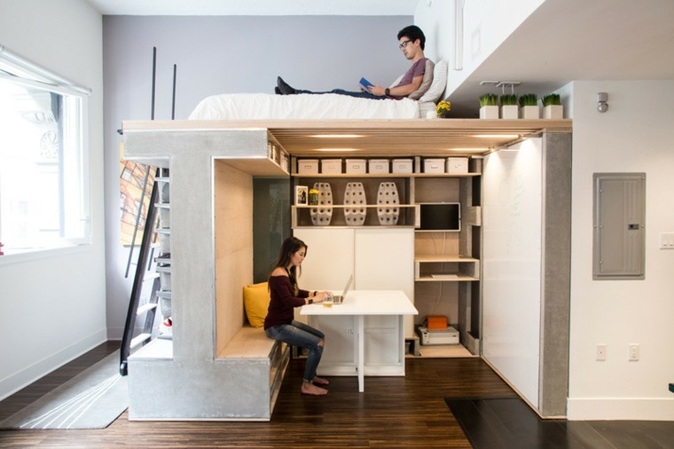 bureau travail aménagement design moderne loft petits espaces parquet en bois tapis de sol blanc 