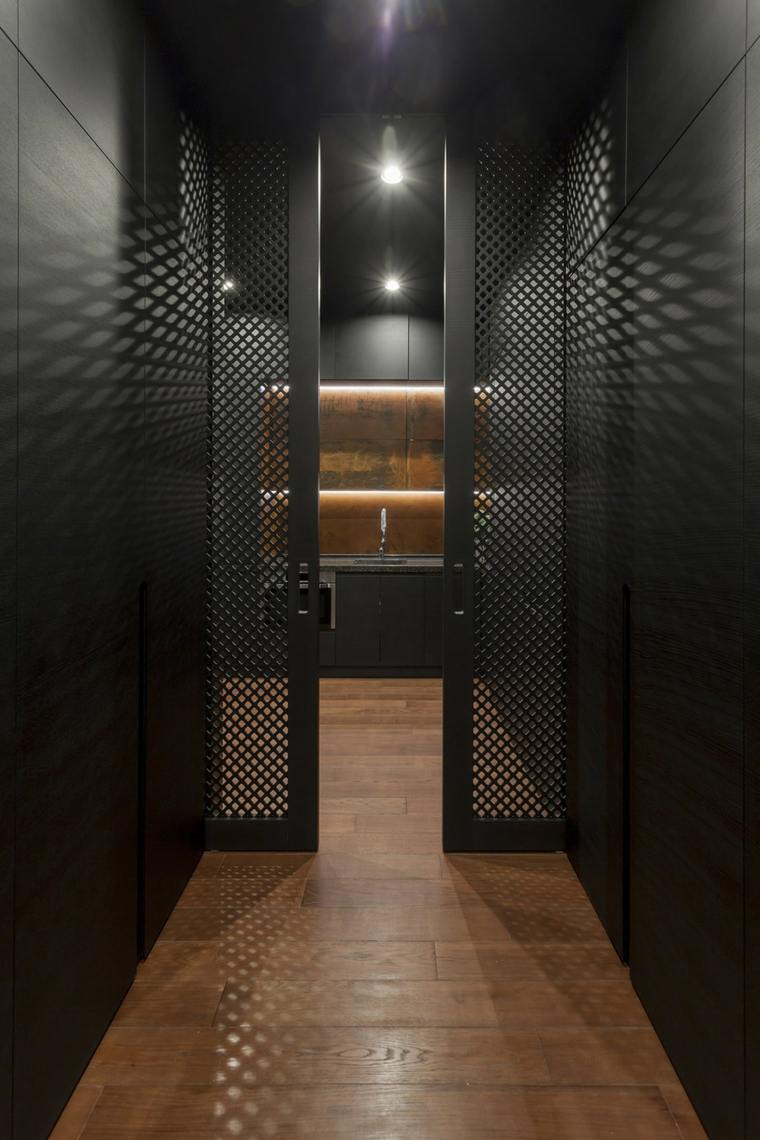 porte glissante design idée salle de bain design bois noir