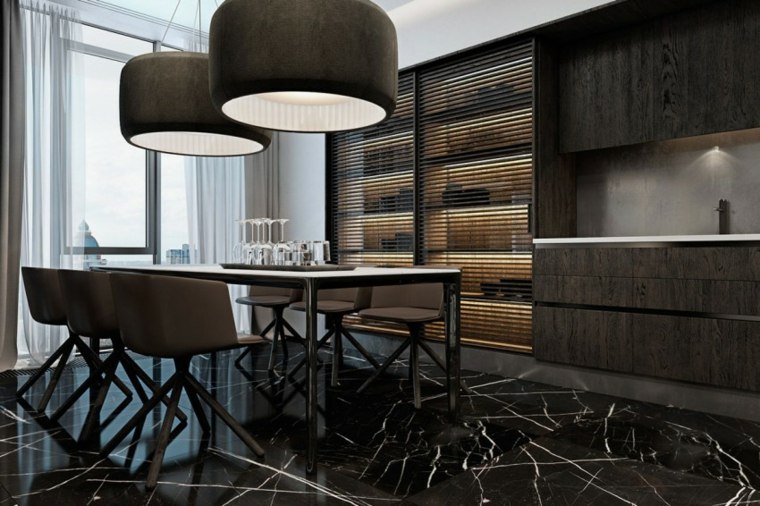 appartement luxe design table à manger moderne luminaires suspension chaises marron carrelage noir design idée aménagement
