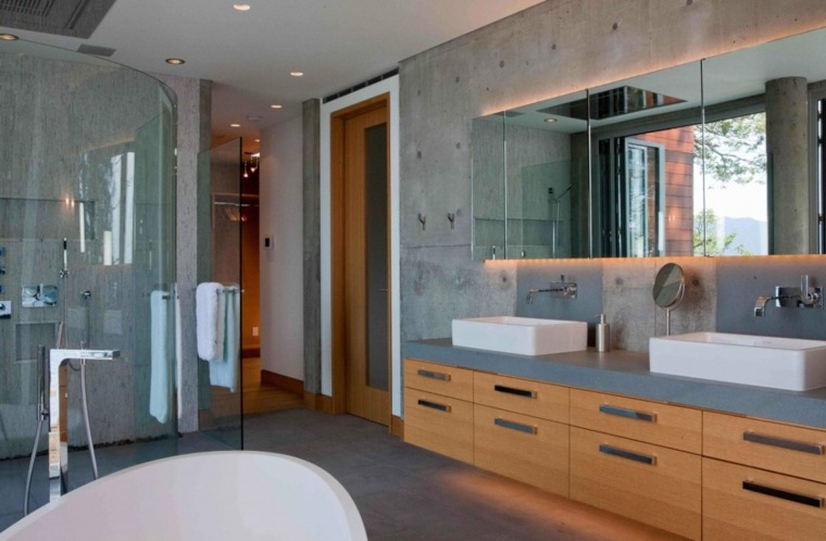 salle de bain béton ciré mobilier bois design baignoire douche cabine idée