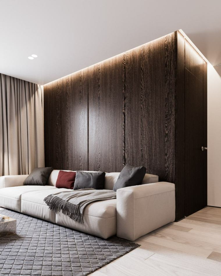 appartement design moderne salon canapé idée aménagement rideaux tapis de sol entrée 