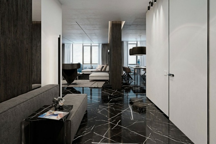 salon moderne design carrelage noir intérieur design canapé gris aménagement