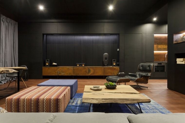 appartement contemporain design table basse bois pouf moderne éclairage