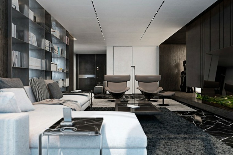 salon design aménagement fauteuil gris moderne canapé d'angle coussins tapis de sol bibliothèque