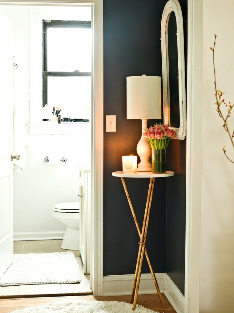 meubles d'angle table d'appoint bois blanche design lampe entrée toilettes