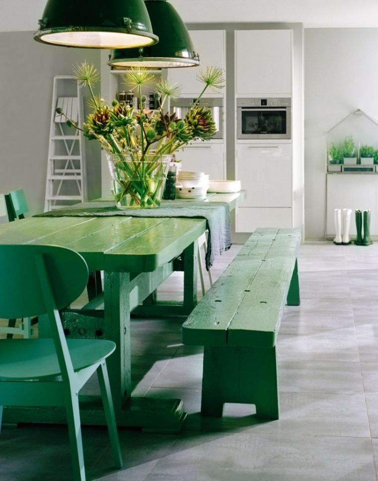 cuisine intérieur moderne table bois verte luminaire suspension vert chaise 