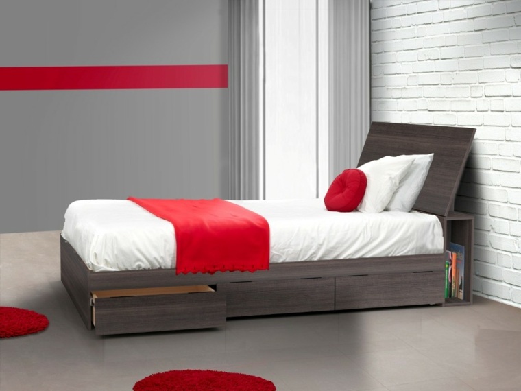 tête de lit avec rangement bois idée chambre à coucher aménagement tapis de sol rond rouge