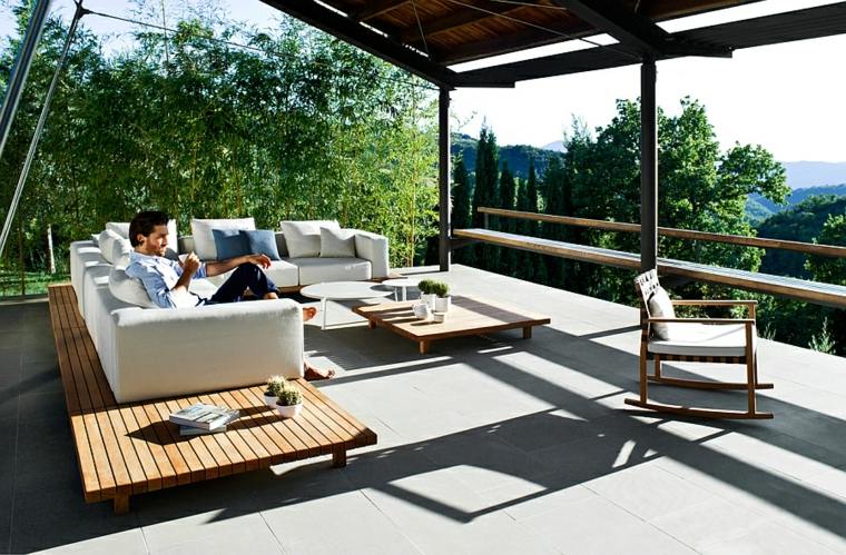 mobilier terrasse design table bois basse fauteuil canapé blanc moderne