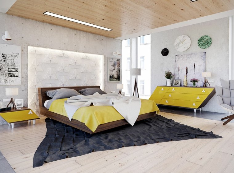 chambre à coucher design moderne tapis de sol noir lit déco mur originale 