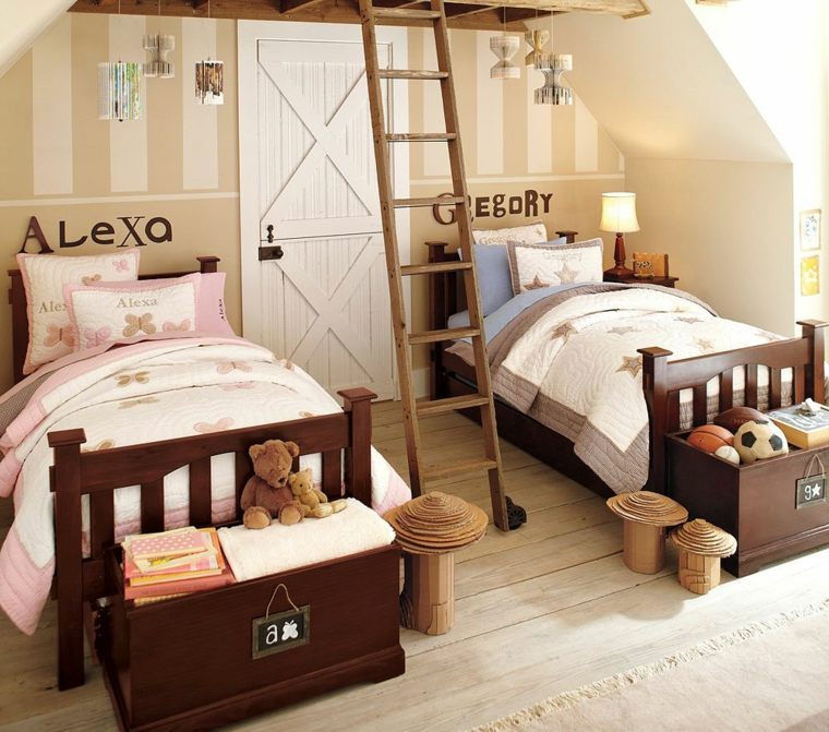 chambre enfant mixte lits bois