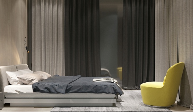 chambre moderne idée aménager espace tendance lit fauteuil jaune