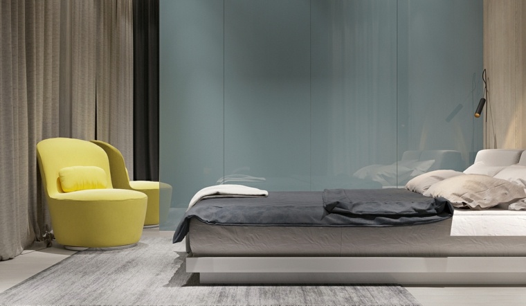 fauteuil jaune chambre à coucher idée accents déco moderne lit
