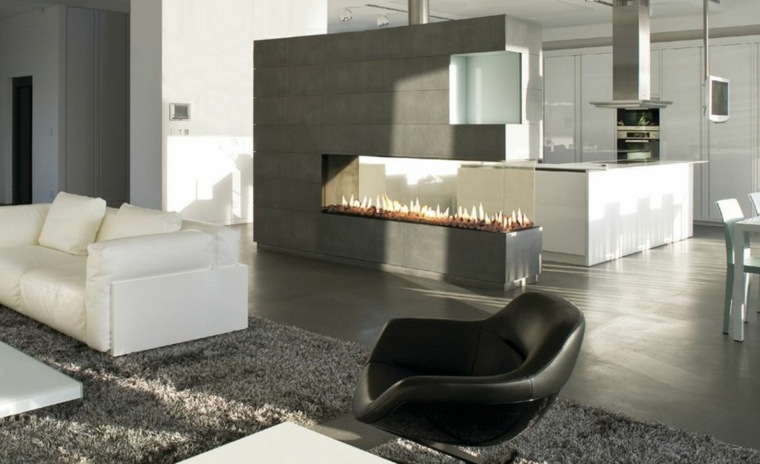 salon béton ciré cheminée design moderne fauteuil