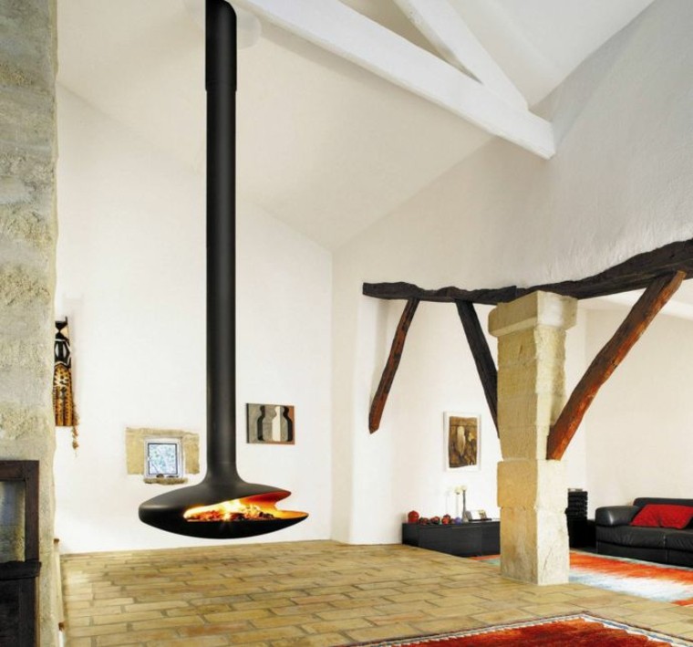 cheminée centrale design moderne salon tendance